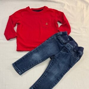GAP - Red Long Sleeve Shirt with Bear Patch and matching denim jeans